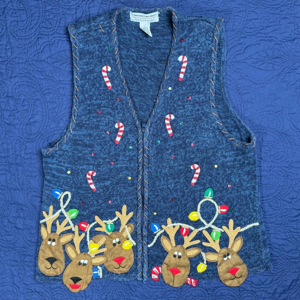 Heirloom Collectibles Women's XL Reindeer Christmas Vest Zipper Sparkle Ornament
